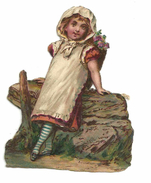 Découpis Fillette Appuyée à Un Rocher, Hotte De Fleurs, Costume Avec Coiffe,  8.5cm X 6,5cm - Enfants