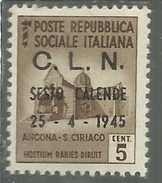 CLN SESTO CALENDE 1945  MONUMENTS DESTROYED OVERPRINTED MONUMENTI DISTRUTTI SOPRASTAMPATO 5 CENT. MNH - Comite De Liberación Nacional (CLN)