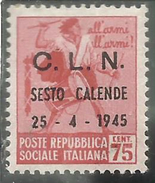 CLN SESTO CALENDE 1945  MONUMENTS DESTROYED OVERPRINTED MONUMENTI DISTRUTTI SOPRASTAMPATO 75 CENT. MNH - Centraal Comité Van Het Nationaal Verzet (CLN)