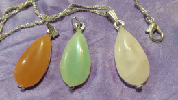 3 PENDENTIFS GEMMES QUARTZ ROSE Et AVENTURINE + CHAINE - Pendentifs