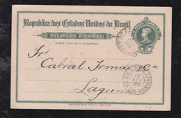 Brazil Brasil 1913 Stationery Card TUBARAO To LAGUNA Railway Tereza Christina Postmark - Covers & Documents