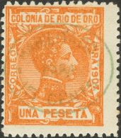 * 40hcc 1908. Rio De Oro. 15 Cts Sobre 1 Pts Naranja. CAMBIO DE COLOR EN LA SOBRECARGA, En Verde. MAGNIFICO. (Edifil 201 - Rio De Oro