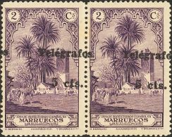 * 35(2) 1936. Marruecos. Telégrafos. 5 Cts Sobre 2 Cts Violeta, Pareja. SOBRECARGA DESPLAZADA. MAGNIFICA Y RARA. - Spaans-Marokko