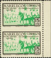 * 345(2) 1952. Marruecos. 15 Cts Verde, Pareja. SIN DENTAR ENTRE LOS SELLOS. MAGNIFICA Y RARA, NO CATALOGADA. - Spanisch-Marokko