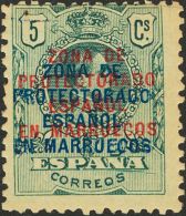* 59hh 1916. Marruecos. 5 Cts Verde. Variedad SOBRECARGA DOBLE (una De Ellas En Azul). MAGNIFICO Y RARISIMO, NO CATALOGA - Maroc Espagnol