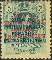 * 59hh 1916. Marruecos. 5 Cts Verde. Variedad SOBRECARGA DOBLE (una De Ellas En Azul). MAGNIFICO Y RARISIMO, NO CATALOGA - Spanish Morocco