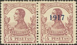 * 122hp 1917. Guinea. 4 Pts Malva, Pareja. UN SELLO SIN SOBRECARGA. MAGNIFICO Y RARO. (Edifil 2012: 250€) - Guinea Espagnole