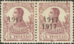 * 122hz 1917. Guinea. 4 Pts Malva, Pareja. UN SELLO DOBLE SOBRECARGA. MAGNIFICA Y RARA. (Edifil 2012: 400€) - Spanish Guinea