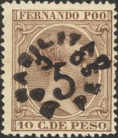 * 35hcc 1896. Fernando Poo. 5 Cts Sobre 10 Ctvos Castaño. CAMBIO DE COLOR EN LA SOBRECARGA, En Negro. MAGNIFICO. - Fernando Poo