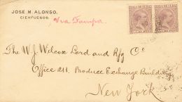 Sobre  1895. Cuba. 2 ½ Cts Violeta, Pareja. CIENFUEGOS A NUEVA YORK (U.S.A.). En El Frente Manuscrito "Vía - Cuba (1874-1898)