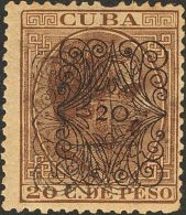 * 76hhx 1883. Cuba. 20 Cts Sobre 20 Cts Castaño. Variedad SOBRECARGA DOBLE (A+B). MAGNIFICO Y RARISIMO. (Edifil 2 - Kuba (1874-1898)