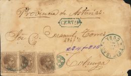 Sobre 60(3) 1880. Cuba. 50 Cts Castaño, Pareja Y Un Sello. Certificado De TRINIDAD (CUBA) A COLUNGA (ASTURIAS). E - Cuba (1874-1898)