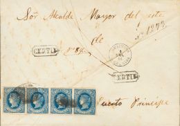 Sobre 14(4) 1866. Cuba. 10 Cts Azul, Tira De Cuatro. Certificado De GUAIMARO (CUBA) A PUERTO PRINCIPE (CUBA). En El Fren - Kuba (1874-1898)