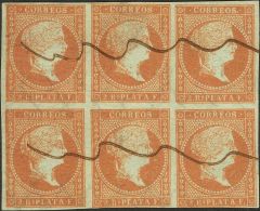 º 3(6) 1855. Cuba. 2 Reales Rojo, Bloque De Seis. Inutilizado A Pluma. MAGNIFICO. - Cuba (1874-1898)