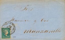 Sobre Ant.7 1860. Cuba. ½ Real Azul. LAS TUNAS A MANZANILLO. Matasello Baeza LAS TUNAS / ISLA DE CUBA. MAGNIFICA. - Cuba (1874-1898)