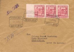 Sobre 53(3) 1963. Andorra. 90 Cts Lila Rosa, Tira De Tres. Certificado De ANDORRA LA VIEJA A GRANADELLA (LERIDA). Al Dor - Autres & Non Classés