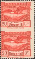 ** 27spv 1929. Andorra. 20 Cts Rojo, Pareja Vertical. SIN DENTAR ENTRE LOS SELLOS. BONITA Y RARA. (Edifil 2013: 775&euro - Other & Unclassified