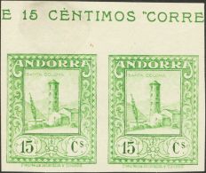 (*) 18ccs(2) 1929. Andorra. 15 Cts Verde Amarillo, Pareja, Borde De Hoja. CAMBIO DE COLOR Y SIN DENTAR. MAGNIFICA Y RARI - Autres & Non Classés