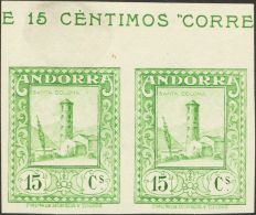 (*) 18ccs(2) 1929. Andorra. 15 Cts Verde Amarillo, Pareja, Borde De Hoja. CAMBIO DE COLOR Y SIN DENTAR. MAGNIFICA Y RARI - Other & Unclassified