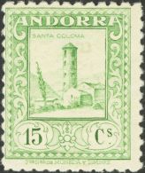 ** 18cc 1929. Andorra. 15 Cts Verde Amarillo. CAMBIO DE COLOR. MAGNIFICO Y RARO. (Edifil 2013: 490€) - Autres & Non Classés