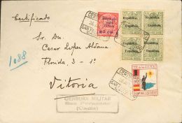 Sobre 42(4) 1937. España. Fiscal. 15 Cts Verde Gris, Bloque De Cuatro, 5 Cts Sobre 25 Cts Rojo Y 10 Cts Ben&eacut - Revenue Stamps