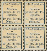 * 6(4) 1883. España. Telégrafos-Particulares. 10 Cts Azul, Bloque De Cuatro. FERROCARRILES ANDALUCES. MAGN - Télégraphe
