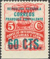 ** 10smz 1937. Asturias Y León. 60 Cts Sobre 5 Cts Rojo. SIN DENTAR EL MARGEN INFERIOR. A EXAMINAR. (Edifil 2011: - Asturies & Leon