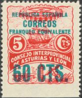 ** 10smz 1937. Asturias Y León. 60 Cts Sobre 5 Cts Rojo. SIN DENTAR EL MARGEN INFERIOR. A EXAMINAR. (Edifil 2011: - Asturias & Leon