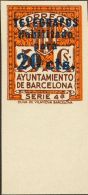 (*) 11s 1937. Barcelona. Telégrafos. 20 Cts Sobre 5 Cts Naranja, Borde De Hoja. SIN DENTAR. MAGNIFICO. (Edifil 20 - Barcelona