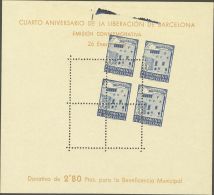 (*) 48P 1943. Barcelona. 5 Cts Azul, Hoja Bloque. PRUEBA DE IMPRESION, De Encuadre Del Dibujo. MAGNIFICA Y RARA. - Barcelona