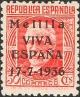 * 1/2 1936. Emisiones Locales Patrióticas. Melilla. Serie Completa. MAGNIFICA. (Edifil 2011: 114€) - Nationalist Issues
