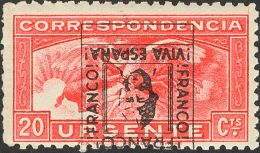 * 4hi 1937. Emisiones Locales Patrióticas. Cáceres. 20 Cts Carmín. SOBRECARGA INVERTIDA. MAGNIFICO. - Nationalist Issues