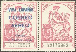 * 21/22 1936. Emisiones Locales Patrióticas. Burgos. 1'50 Pts Azul Y 3 Pts Rosa, En Parejas. Un Sello SIN SOBRECA - Nationalistische Uitgaves