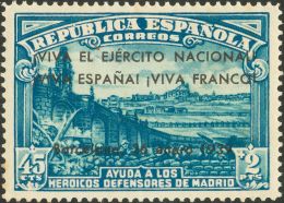 * 23 1939. Emisiones Locales Patrióticas. Barcelona. 45 Cts+2 Pts Azul. MAGNIFICO Y MUY RARO. - Nationalistische Ausgaben