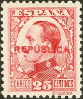 * 7hcc 1931. Emisiones Locales Republicanas. Almería. 25 Cts Carmín. CAMBIO DE COLOR, En La Sobrecarga. MA - Republican Issues