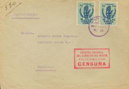 Sobre 853(2) 1938. Guerra Civil. Bando Nacional. 30 Cts Azul, Dos Sellos. Certificado Dirigido A SEVILLA. Matasello BRIG - Autres & Non Classés