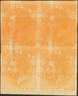 (*) 210(4) 1882. España. 15 Cts. Naranja, Bloque De Cuatro. MACULATURA, Sobre Papel Blanco Y SIN DENTAR. MAGNIFIC - Autres & Non Classés
