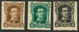 *  1877. España. 5 Cts Castaño, 5 Cts Castaño Amarillo, 5 Cts Negro Y 5 Cts Verde. ENSAYOS DE COLOR - Autres & Non Classés