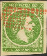 º 160 1875. España. 50 Cts Verde. Matasello PARRILLA DE LASTAOLA, En Rojo. MAGNIFICO Y RARISIMO. - Carlistes
