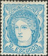 (*) 112 1870. España. 2 Escudos Azul. Muy Bien Centrado Y Color Intenso. PIEZA DE LUJO. Cert. CEM. (Edifil 2017: - Other & Unclassified
