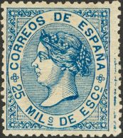 * 97 1868. España. 25 Mils Azul. Color Intenso. MAGNIFICO. Cert. GRAUS. (Edifil 2017: 385€) - Otros & Sin Clasificación