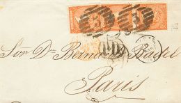 Sobre 82(3) 1866. España. 12 Cuartos Naranja Intenso (color Excepcional), Tres Sellos. CADIZ A PARIS (FRANCIA). M - Autres & Non Classés