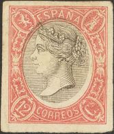 */(*) 70P, 75P 1865. España. Conjunto De Dos PRUEBAS DE COLOR, El 4 Cuartos Azul Y Rosa Y El 12 Cuartos Negro Y R - Autres & Non Classés