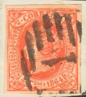 º 64F 1864. España. Falso Postal. 4 Cuartos Rojo FALSO POSTAL TIPO UNICO. Matasello PARRILLA CON Nº1. M - Autres & Non Classés