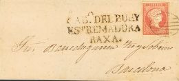 Sobre 44 (1855ca). España. 4 Cuartos Rojo. CABEZA DE BUEY A BARCELONA. En El Frente Marca CABª DEL BUEY / EX - Autres & Non Classés