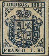 (*) 34 1854. España. 1 Real Azul Oscuro, Borde De Hoja. Excepcional Color Y Enormes Márgenes. PIEZA DE LUJ - Sonstige & Ohne Zuordnung