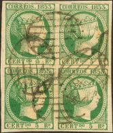 Fragmento 20(4) 1853. España. 5 Reales Verde, Bloque De Cuatro, Sobre Fragmento. Margen Superior Justo. BONITO. ( - Autres & Non Classés