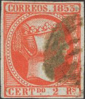 º 19 1853. España. 2 Reales Bermellón. PIEZA DE LUJO. Cert. GRAUS. (Edifil 2017: 4675€) - Otros & Sin Clasificación