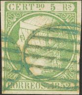 º 15 1852. España. 5 Reales Verde. Matasello PARRILLA, En Azul. MAGNIFICO Y RARO. (Edifil 2014: 300€) - Sonstige & Ohne Zuordnung