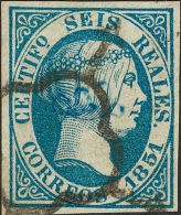 º 10 1851. España. Sperati. 6 Reales Azul. FALSO SPERATI (con La Marca De La B.P.A., Al Dorso). MAGNIFICO. - Autres & Non Classés